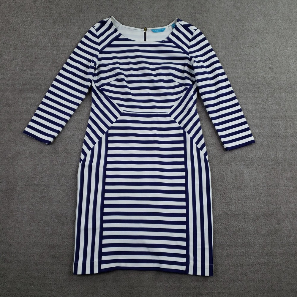 Tori Richard Dress Womens Size 8 Blue Striped Sheath 3/4 Sleeve Knee Length